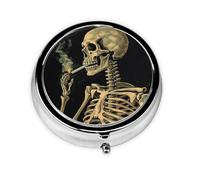 Pill Case A Skeleton with Burning Cigarette Round Pill Box Daily 3 Compartment Travel Pill Container for Pocket Purse Portable Medicine Cod Liver Oil Storage Box 3 Times a Day Pill Organizer