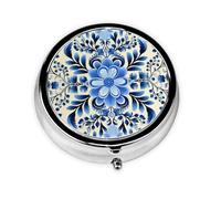 Pill Case Blue Folk Art Round Pill Box Daily 3 Compartment Travel Pill Container for Pocket Purse Portable Medicine Cod Liver Oil Storage Box 3 Times a Day Pill Organizer