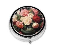 Pill Case Bowl with Peonies and Rose Round Pill Box Daily 3 Compartment Travel Pill Container for Pocket Purse Portable Medicine Cod Liver Oil Storage Box 3 Times a Day Pill Organizer