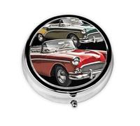 Pill Case Classic Car Roadsters Old Fashioned Round Pill Box Daily 3 Compartment Travel Pill Container for Pocket Purse Portable Medicine Cod Liver Oil Storage Box 3 Times a Day Pill Organizer