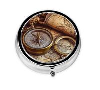 Pill Case Compass and Old World Map Round Pill Box Daily 3 Compartment Travel Pill Container for Pocket Purse Portable Medicine Cod Liver Oil Storage Box 3 Times a Day Pill Organizer