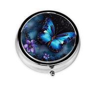 Pill Case Galaxy Blue Butterfly Round Pill Box Daily 3 Compartment Travel Pill Container for Pocket Purse Portable Medicine Cod Liver Oil Storage Box 3 Times a Day Pill Organizer