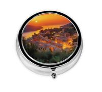 Pill Case Italian Sunset Round Pill Box Daily 3 Compartment Travel Pill Container for Pocket Purse Portable Medicine Cod Liver Oil Storage Box 3 Times a Day Pill Organizer