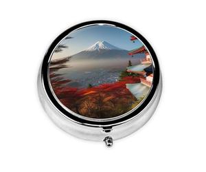 Pill Case Japan Mount Fuji Landscape Round Pill Box Daily 3 Compartment Travel Pill Container for Pocket Purse Portable Medicine Cod Liver Oil Storage Box 3 Times a Day Pill Organizer