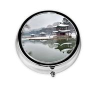 Pill Case Korea Winter Lake Round Pill Box Daily 3 Compartment Travel Pill Container for Pocket Purse Portable Medicine Cod Liver Oil Storage Box 3 Times a Day Pill Organizer