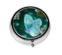 Pill Case Light Blue Butterfly Round Pill Box Daily 3 Compartment Travel Pill Container for Pocket Purse Portable Medicine Cod Liver Oil Storage Box 3 Times a Day Pill Organizer