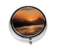 Pill Case Mountain and Water at Sunset Round Pill Box Daily 3 Compartment Travel Pill Container for Pocket Purse Portable Medicine Cod Liver Oil Storage Box 3 Times a Day Pill Organizer