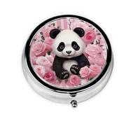 Pill Case Panda Rose Flowers Pink White Stripe Round Pill Box Daily 3 Compartment Travel Pill Container for Pocket Purse Portable Medicine Cod Liver Oil Storage Box 3 Times a Day Pill Organizer