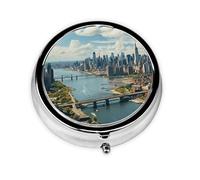 Pill Case Penthouse View Over New York Manhattan Round Pill Box Daily 3 Compartment Travel Pill Container for Pocket Purse Portable Medicine Cod Liver Oil Storage Box 3 Times a Day Pill Organizer