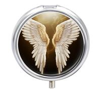 Pill Case Pill Box with Mirror 3 Compartment Small Medicine Organizer for Purse Or Pocket Angel Wing Round Medicine Box Or Vitamins, Fish Oil, Supplements, Travel Gifts