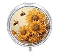 Pill Case Pill Box with Mirror 3 Compartment Small Medicine Organizer for Purse Or Pocket Bees and Sunflowers on Old Paper Round Medicine Box Or Vitamins, Fish Oil, Supplements, Travel Gifts