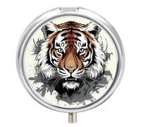 Pill Case Pill Box with Mirror 3 Compartment Small Medicine Organizer for Purse Or Pocket Black and White Doodle Tiger Round Medicine Box Or Vitamins, Fish Oil, Supplements, Travel Gifts
