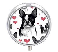 Pill Case Pill Box with Mirror 3 Compartment Small Medicine Organizer for Purse Or Pocket Boston Terrier Heart Dog Round Medicine Box Or Vitamins, Fish Oil, Supplements, Travel Gifts