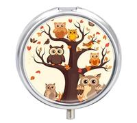 Pill Case Pill Box with Mirror 3 Compartment Small Medicine Organizer for Purse Or Pocket Cartoon Family Owls On The Brown Tree Round Medicine Box Or Vitamins, Fish Oil, Supplements, Travel Gifts