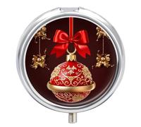 Pill Case Pill Box with Mirror 3 Compartment Small Medicine Organizer for Purse Or Pocket Christmas Ball Golden Bell Round Medicine Box Or Vitamins, Fish Oil, Supplements, Travel Gifts