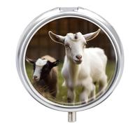 Pill Case Pill Box with Mirror 3 Compartment Small Medicine Organizer for Purse Or Pocket Cute Goat Round Medicine Box Or Vitamins, Fish Oil, Supplements, Travel Gifts