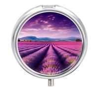 Pill Case Pill Box with Mirror 3 Compartment Small Medicine Organizer for Purse Or Pocket Lavender Fields Round Medicine Box Or Vitamins, Fish Oil, Supplements, Travel Gifts