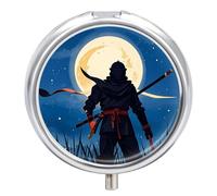 Pill Case Pill Box with Mirror 3 Compartment Small Medicine Organizer for Purse Or Pocket Moonlight Watercolor Style Ninja Round Medicine Box Or Vitamins, Fish Oil, Supplements, Travel Gifts