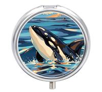 Pill Case Pill Box with Mirror 3 Compartment Small Medicine Organizer for Purse Or Pocket Orca Killer Whale Print Round Medicine Box Or Vitamins, Fish Oil, Supplements, Travel Gifts