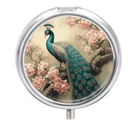 Pill Case Pill Box with Mirror 3 Compartment Small Medicine Organizer for Purse Or Pocket Oriental Peacock on Flower Tree Round Medicine Box Or Vitamins, Fish Oil, Supplements, Travel Gifts