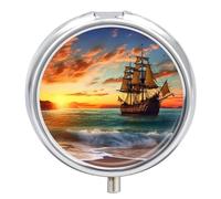 Pill Case Pill Box with Mirror 3 Compartment Small Medicine Organizer for Purse Or Pocket Pirate Ship in The Sunset Round Medicine Box Or Vitamins, Fish Oil, Supplements, Travel Gifts
