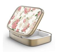 Pill Case Pill Box with Mirror Retro 2 Compartment Small Pill Case for Purse or Pocket Bronze Rectangular Pill Box or Vitamins, Fish Oil, Supplements, Pill Containe Travel Gifts（Retro Pink Floral）