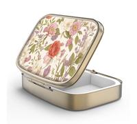 Pill Case Pill Box with Mirror Retro 2 Compartment Small Pill Case for Purse or Pocket Bronze Rectangular Pill Box Decorative Metal Medicine Vitamin Organizer Unique Gift（Retro Red Flowers）