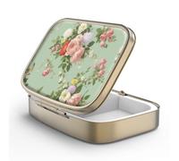 Pill Case Pill Box with Mirror Retro 2 Compartment Small Pill Case for Purse or Pocket Bronze Rectangular Pill Box or Vitamins, Fish Oil, Supplements, Pill Containe Travel Gifts（Retro Green Floral）