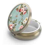 Pill Case Pill Box with Mirror Retro 3 Compartment Small Pill Case for Purse or Pocket Bronze Small Roud Pill Box or Vitamins, Fish Oil, Supplements, Pill Containe Travel Gifts（Retro Green Floral）