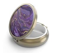 Pill Case Pill Box with Mirror Retro 3 Compartment Small Pill Case for Purse or Pocket Bronze Small Roud Pill Box or Vitamins, Fish Oil, Supplements, Pill Containe Travel Gifts（Purple Gold Marble）