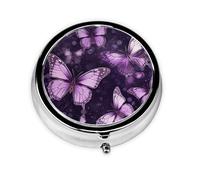 Pill Case Purple Butterflies Round Pill Box Daily 3 Compartment Travel Pill Container for Pocket Purse Portable Medicine Cod Liver Oil Storage Box 3 Times a Day Pill Organizer