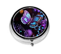 Pill Case Purple Butterfly and Flowers Round Pill Box Daily 3 Compartment Travel Pill Container for Pocket Purse Portable Medicine Cod Liver Oil Storage Box 3 Times a Day Pill Organizer