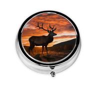 Pill Case Red Deer Bull Elk Sunset Round Pill Box Daily 3 Compartment Travel Pill Container for Pocket Purse Portable Medicine Cod Liver Oil Storage Box 3 Times a Day Pill Organizer