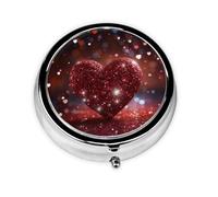 Pill Case Red Glitter Heart Round Pill Box Daily 3 Compartment Travel Pill Container for Pocket Purse Portable Medicine Cod Liver Oil Storage Box 3 Times a Day Pill Organizer
