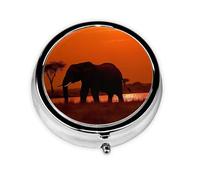 Pill Case Retro Mirror 3 Compartment Pill Holder Sunset African Elephant Small Pill Organizer for Wallet or Pocket Decorative Metal Pill Organizer