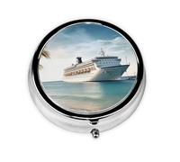Pill Case Seaside Cruise Ship Round Pill Box Daily 3 Compartment Travel Pill Container for Pocket Purse Portable Medicine Cod Liver Oil Storage Box 3 Times a Day Pill Organizer