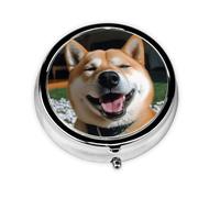 Pill Case Shiba Inu Smile Tongue Out Round Pill Box Daily 3 Compartment Travel Pill Container for Pocket Purse Portable Medicine Cod Liver Oil Storage Box 3 Times a Day Pill Organizer