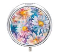 Pill Case Small Pill Box 3 Compartment Round Pill Organizer for Purse Or Pocket Metal Medicine Holder, Watercolor Summer Flower Pill Container Travel Gifts - Daisy on Purple Blue Background