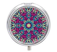 Pill Case Small Pill Box w/Mirror 3 Compartment Round Pill Organizer for Purse Or Pocket Metal Medicine Holder, Pill Container Travel Gifts - Abstract Boho Festive Mandala Style Purple Green Floral
