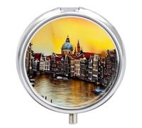 Pill Case Small Pill Box w/Mirror 3 Compartment Round Pill Organizer for Purse Or Pocket Metal Medicine Holder, Pill Container Travel Gifts - Summer Grand Canal of Venice, Italy Watercolor Painting
