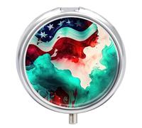 Pill Case Small Pill Box with Mirror 3 Compartment Round Pill Organizer for Purse Or Pocket Metal Medicine Holder, Pill Container Travel Gifts - 4th of July USA Flags Blue Red Abstract Painting