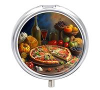 Pill Case Small Pill Box with Mirror 3 Compartment Round Pill Organizer for Purse Or Pocket Metal Medicine Holder, Pill Container Travel Gifts - Pizza Fruits & Beverage Foods Oil Painting