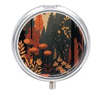 Pill Case Small Pill Box with Mirror 3 Compartment Round Pill Organizer for Purse Or Pocket Metal Medicine Holder, Pill Container Travel Gifts - Autumn Forest Sunset Flat Design Painting