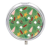 Pill Case Small Pill Box with Mirror 3 Compartment Round Pill Organizer for Purse Or Pocket Metal Medicine Holder, Pill Container Travel Gifts - Christmas Season Elements