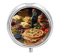 Pill Case Small Pill Box with Mirror 3 Compartment Round Pill Organizer for Purse Or Pocket Metal Medicine Holder, Pill Container Travel Gifts - Foods at Desk Oil Painting