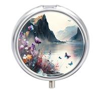 Pill Case Small Pill Box with Mirror 3 Compartment Round Pill Organizer for Purse Or Pocket Metal Medicine Holder, Pill Container Travel Gifts - Artistic Oil Painting W/Mountains & Butterflies