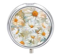 Pill Case Small Pill Box with Mirror 3 Compartment Round Pill Organizer for Purse Or Pocket Metal Medicine Holder, Romantic Flower Pill Container Travel Gifts - Spring White Daisy