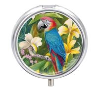 Pill Case Small Pill Box with Mirror 3 Compartment Round Pill Organizer for Purse Or Pocket Metal Medicine Holder, Pill Container Travel Gifts - Tropical Flower & Parrot Painting