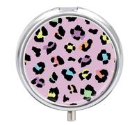 Pill Case Small Pill Box with Mirror 3 Compartment Round Pill Organizer for Purse Or Pocket Metal Medicine Holder, Pill Container Travel Gifts - Colorful Leopard Print Pink Yellow Blue