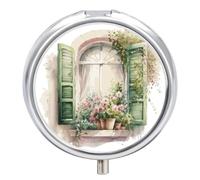Pill Case Small Pill Box with Mirror 3 Compartment Round Pill Organizer for Purse Or Pocket Metal Medicine Holder, Pill Container Travel Gifts - Romantic Window and Pink Flower Spring Painting